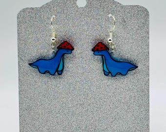 Dinosaurier Ohrringe | Handgemachter blauer Dino mit Pilzhut | Süßer wunderlicher Schmuck | Originelles Geschenk für Sie