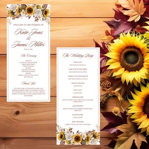 May include: Wedding stationery set featuring a program and a seating chart, both with a floral design of sunflowers and white flowers. The program welcomes guests to the wedding of Katie Jones and James Miller. A bouquet of sunflowers and fall leaves is in the background.