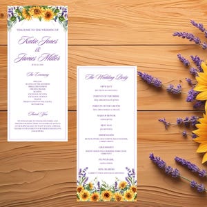 May include: Two wedding programs with purple text and floral accents, featuring sunflowers and lavender. The programs are on a wooden background with sunflowers and lavender sprigs. The text includes the names Katie Jones and James Miller.
