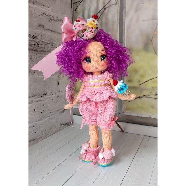 Amigurumi Doll Lila, Crochet, Knitted Dolls, Handmade, Curly Hair, Yarn Dolls, Pose, Purple
