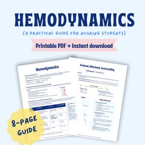 May include: A printable PDF guide for nursing students titled "Hemodynamics." The guide includes information on preload, afterload, and contractility, with a quick-reference format. The guide is 8 pages long and includes formulas and practice questions.