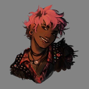 Puede incluir: Una ilustración digital de una persona con cabello corto y despeinado de color rosa, piel oscura y un piercing en la nariz. Viste una chaqueta negra con tachuelas sobre una camisa de cuadros rojos y negros, con collares y dilataciones.