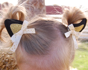 Kitten Ears Hair Clips "Purrfect" for Black Cat or Kitty Halloween Costume Dress Up Costumes Set of 2 Clips Multiple Custom Colors
