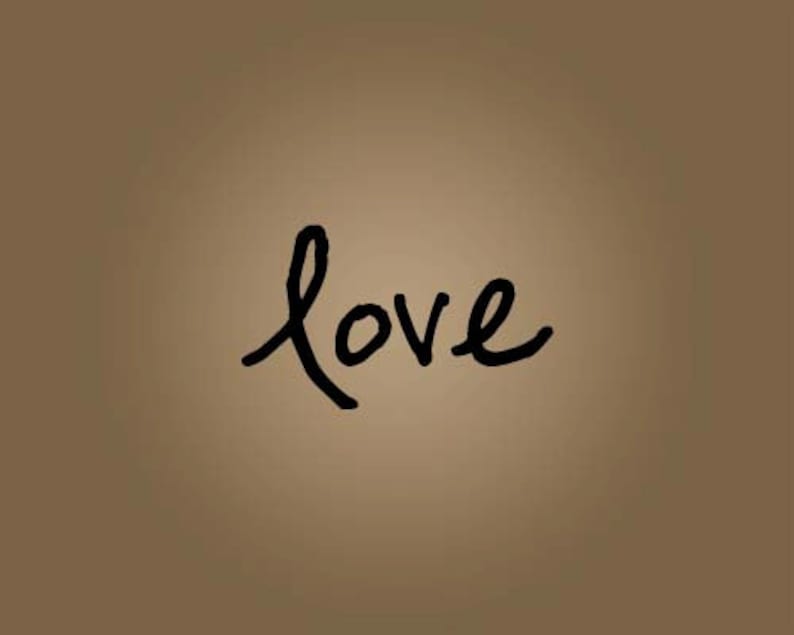 May include: Handwritten word "love" in black ink on a brown background.
