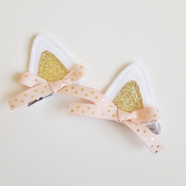 Kitten Ears Hair Clips "Purrfect" for White Cat Costume or Kitty Halloween Costume Dress Up Costumes Set of 2 Clips