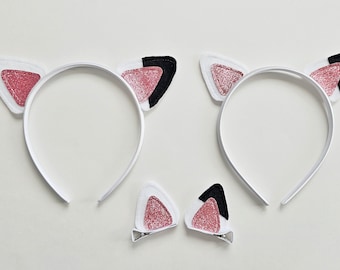 White Cat Ears Headband or Hair Clips "Purrfect" for Birthday Party or Halloween Costume or Play Dress Up Costumes