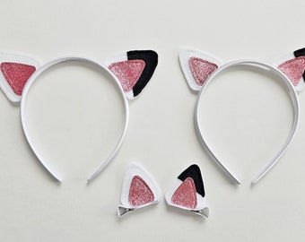 White Cat Ears Headband or Hair Clips "Purrfect" for Birthday Party or Halloween Costume or Play Dress Up Costumes