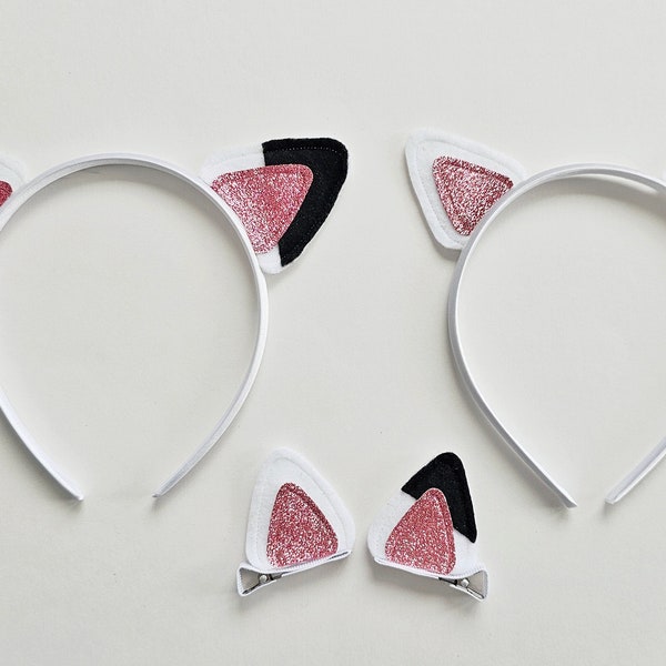 Tiara ou presilha de cabelo com orelhas de gato brancas para fantasia de Halloween ou brincadeira de se fantasiar.