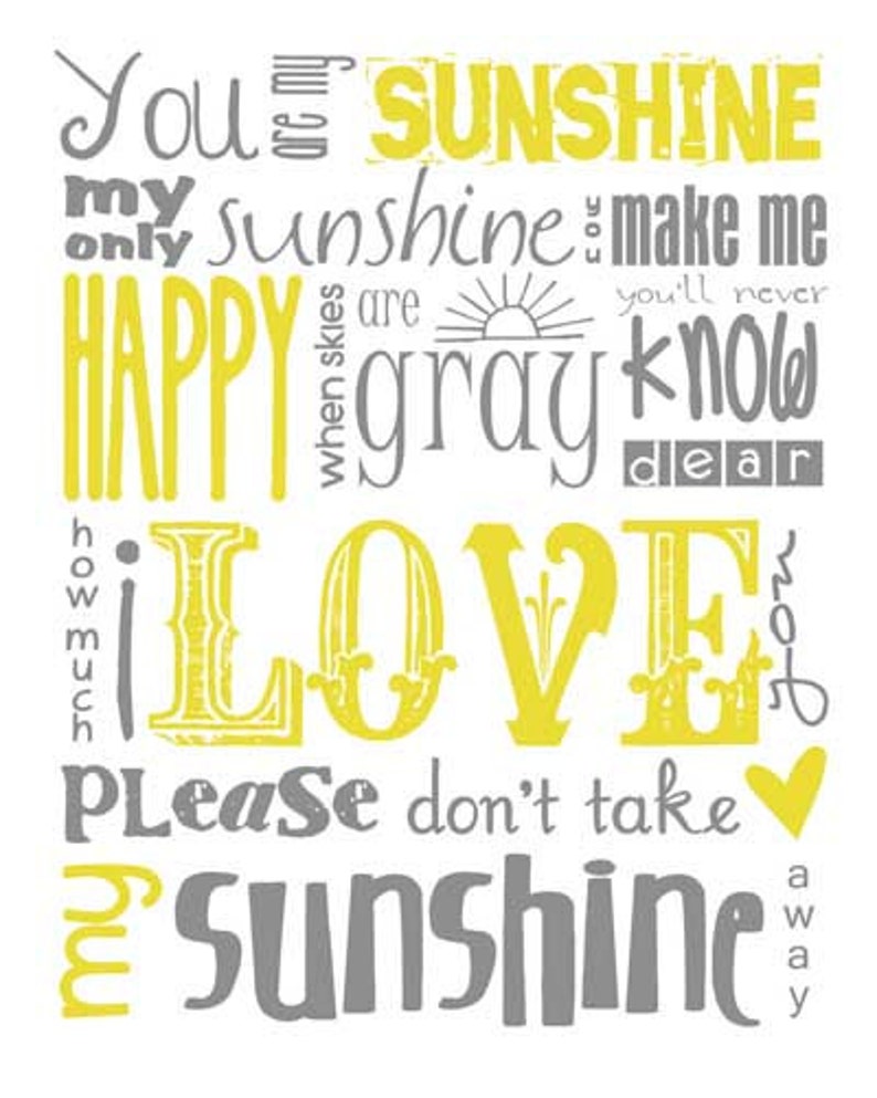 You Are My Sunshine Subway Art Yellow and Gray Grey Instant Digital Download PRINTABLE 8x10 / 16x20 JPEG File image 1