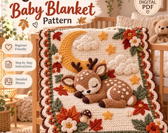 May include: A crochet baby blanket pattern digital PDF featuring a sleeping fawn, a yellow crescent moon, white clouds, and yellow stars. The blanket is decorated with autumn leaves, flowers, and a mushroom, finished with a scalloped border.