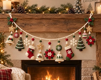 May include: A decorative Christmas garland featuring crocheted ornaments including red stockings, green Christmas trees, white bells, gold stars, white snowflakes, and red poinsettia flowers, all strung together on a thick cream-colored cord.