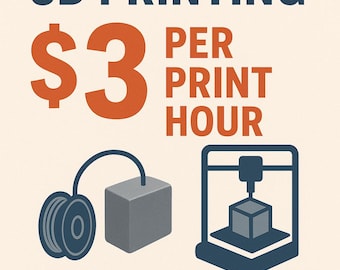 May include: An advertisement for custom 3D printing services. The text reads "CUSTOM 3D PRINTING" in navy blue, with "$3 PER PRINT HOUR" in orange. Illustrations of a spool, a gray cube, and a 3D printer are included. Additional text states "CAD DESIGN AVAILABLE ELECTRONICS INTEGRATION."