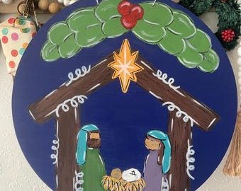 Nativité peinte à la main sur bois, toile ou accroche-porte.