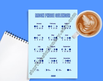 Calendario delle fasi lunari 2026 / ciclo lunare blu minimalista stampabile / download immediato
