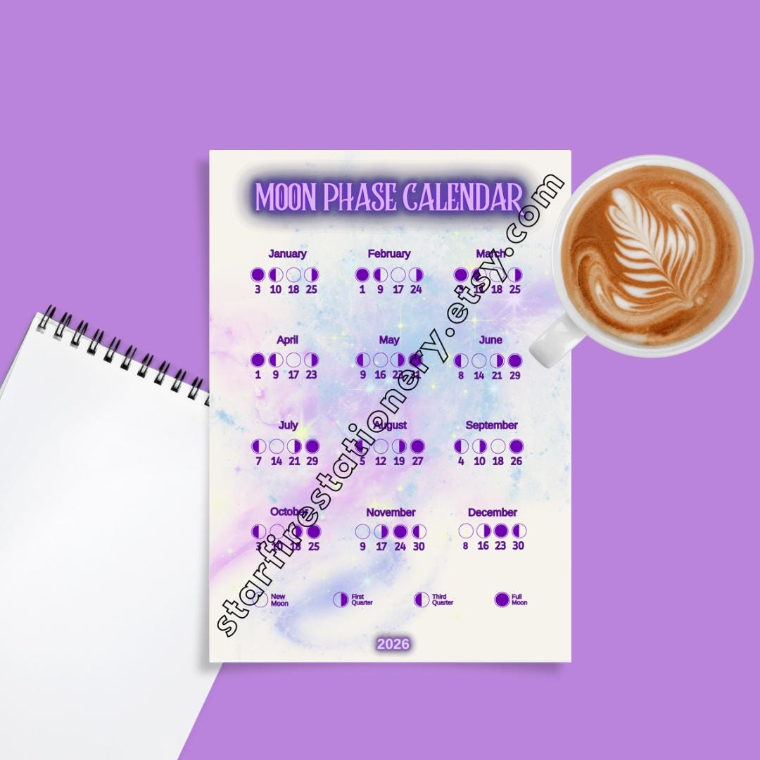 2026 Moon Phase Calendar | Celestial Lunar Cycle Wall Art Printable ...