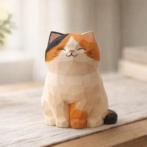 Peut inclure: Une petite figurine en bois sculptée à la main représentant un chat calico avec une surface facettée et géométrique. Le chat a un corps de couleur crème claire avec des taches orange et noires sur la tête et la queue, et une expression sereine.