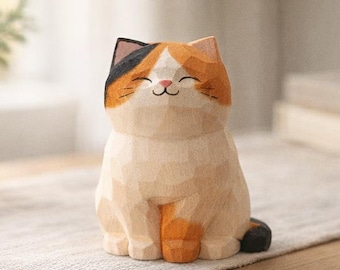 Handcrafted Wooden Cat Figurine | Personalized Cat Ornament | Whimsical Animal Desk Decor | Rustic Wooden Cat Statue | Unique Cat Lover