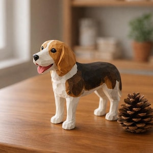 May include: A carved wooden figurine of a beagle dog with a white, brown, and black coat, featuring a textured surface, a pink tongue, and dark eyes, standing next to a small brown pinecone on a smooth wooden surface.