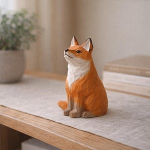 木彫りのキツネの置物｜森の動物棚飾り