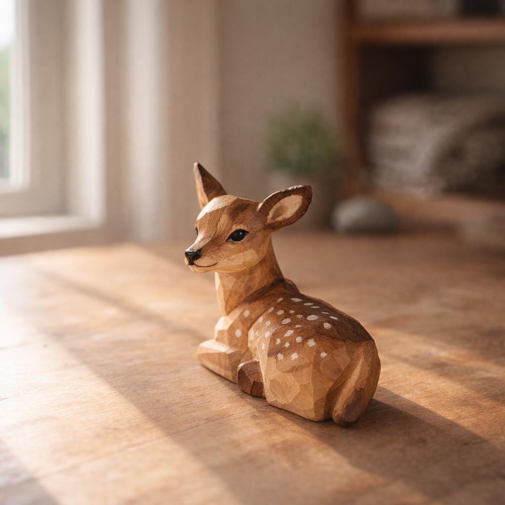 Wooden Deer Figurine - Hand Carved Fawn | Waldorf Woodland Decor | Nursery Shelf Forest Animal | Scandinavian Rustic Home Accent