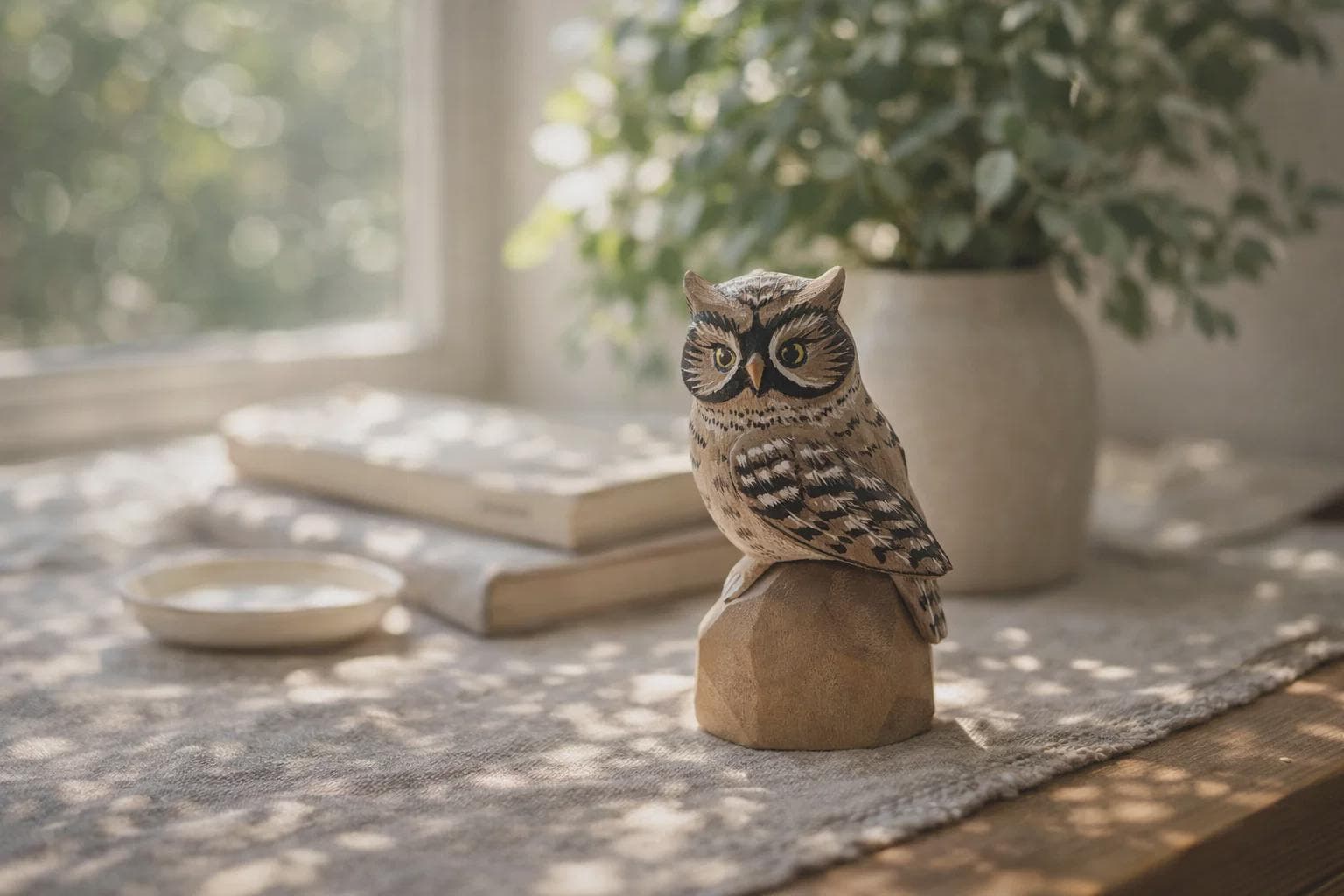 Wooden Owl Figurine Decor, Small Hand-Painted Look Owl Statue, Rustic Woodland Animal Ornament