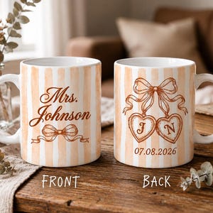 Personalized Mrs Mug, Custom Wedding Mug with Initials and Date, Coquette Bow Cup, Bride Anniversary Gift, 11oz 15oz