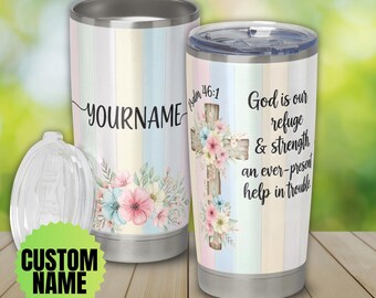 Personalized Floral Cross Tumbler – Christian Gift, Psalm 46:1