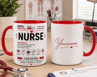 May include: Two white ceramic mugs with red interiors and handles. One mug features the word "NURSE" with medical-themed icons and text. The other mug has a cursive name and a heart. A stethoscope and patient care notes are on the table.