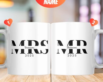 Juego de tazas personalizadas para Sr. y Sra.: nombre y año personalizados, regalo de boda