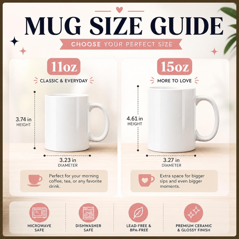 May include: A mug size guide displays two white ceramic mugs, one 11oz and one 15oz, with dimensions in inches. The guide includes text: "Mug Size Guide" and "Choose Your Perfect Size." Features include microwave and dishwasher safety, lead-free, and a glossy finish.