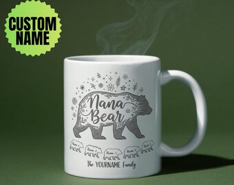 Personalized Nana Bear Mug – Custom Grandkids Names – Floral Engraved Bear Family Gift for Grandma