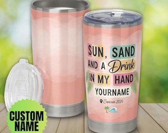 Gepersonaliseerde vakantiebeker – tropische strandbeker met aangepaste naam – zomerreiscadeau met palmboomontwerp