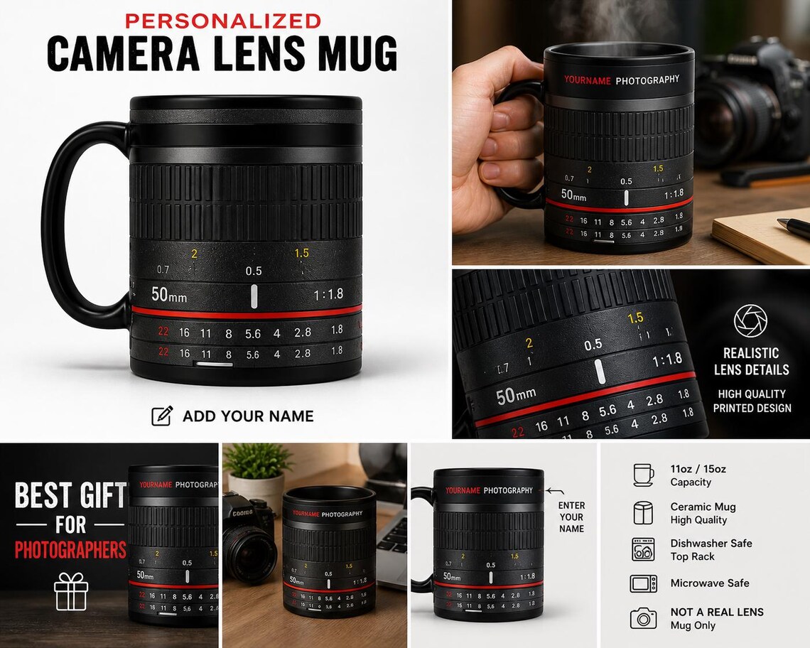 Personalized Camera Lens Mug, Custom Photographer Name Cup, Realistic ...