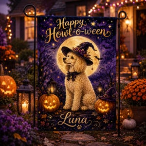 May include: A rectangular garden flag featuring a curly-haired poodle wearing a witch hat, centered against a large full moon. The text reads Happy Howl-o-ween and Luna. The scene includes two glowing jack-o'-lanterns and dark purple trees.