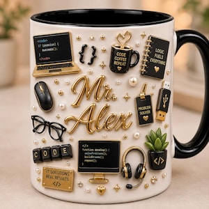 May include: A white ceramic mug with a black interior and handle, adorned with gold-coloured computer-themed decorations. The mug displays the name "Mr. Alex" in gold lettering, alongside a laptop, mouse, glasses, and the text "CODE COFFEE REPEAT".