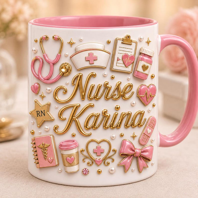 May include: White ceramic mug with a pink interior and handle, decorated with gold and pink medical-themed embellishments. The mug features the name "Nurse Karina" in gold script, along with a stethoscope, heart, and other medical symbols.
