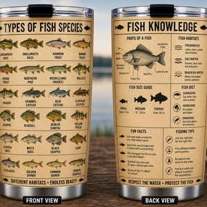 May include: A stainless steel travel mug featuring detailed illustrations of fish species and fish knowledge. The front view lists different fish types, while the back view provides facts about fish habitats, diet, and fishing tips.