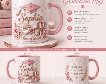Custom Graduation Mug with Name Year, Personalized Rose Gold Graduate Gift for Her, Class of 2026 2027 Coffee Cup, Senior Graduation Mug