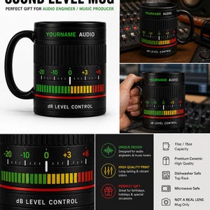 Peut inclure: Mug en céramique noire avec un design de niveau sonore, avec le texte "YOURNAME AUDIO" et "dB LEVEL CONTROL". La tasse a une poignée et un design qui ressemble à un indicateur de niveau sonore avec des indicateurs verts, jaunes et rouges. Un compagnon de café essentiel en studio.