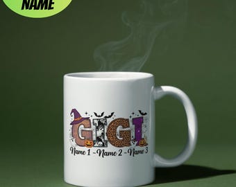 Caneca personalizada de Halloween – Gigi Mamãe Papai Sis Bro – Caveiras de Leopardo com Glitter – Presente personalizado para a família