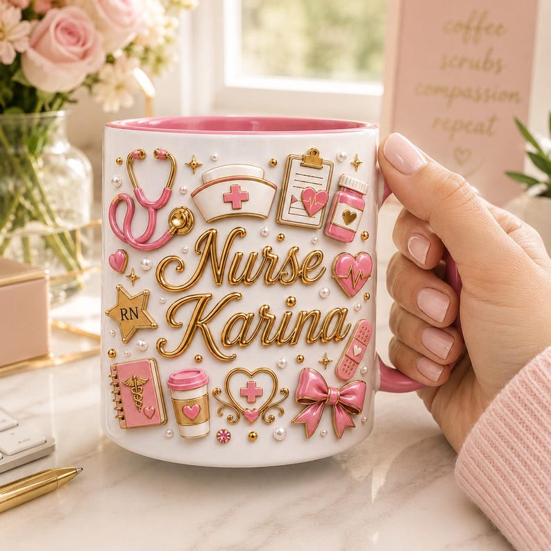 May include: White ceramic mug with pink interior and handle, decorated with medical-themed embellishments. Features a stethoscope, nurse's cap, prescription bottle, and the name "Nurse Karina" in gold lettering. Accented with pink and gold details, and small pearls.