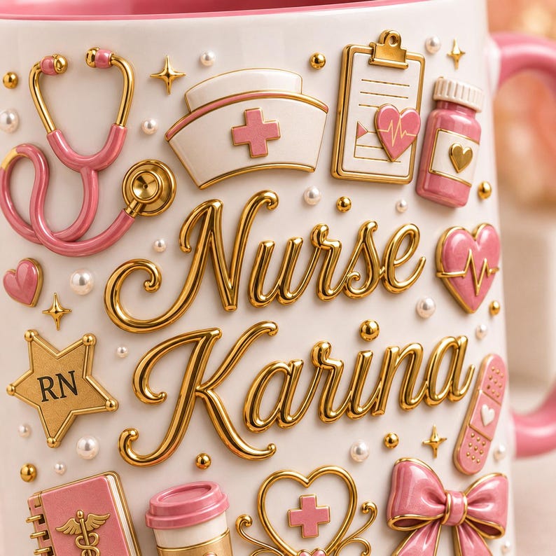 May include: White ceramic mug with a pink interior, featuring gold and pink 3D embellishments. The design includes a stethoscope, nurse's cap, hearts, and the name "Nurse Karina" in gold script. Accents include pearls and stars.