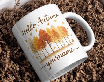 Personalized Name Mug – Hello Autumn – Custom Fall Coffee Mug With Name – Gift For Autumn Lovers