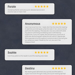 May include: A graphic with the words "CLIENT REVIEWS" in yellow. The graphic displays four customer reviews with names and star ratings. The reviews are from Purple, Anonymous, Sophie, and Destiny, each with positive feedback.