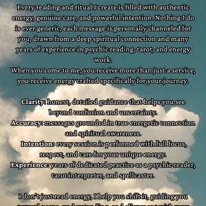May include: Image with text: "Why Choose Me." Text describes psychic reading services, emphasizing authentic energy, clarity, accuracy, intention, and experience. The background features a cloudy sky.