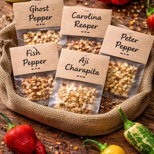 May include: A rustic display of various chili peppers and pepper seeds. Labeled packets of Ghost Pepper, Carolina Reaper, Peter Pepper, Fish Pepper, and Aji Charapita are nestled in a burlap basket. Fresh peppers in red, yellow, and green are scattered around.