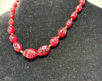 Antique Neiger Brothers Red Czech Glass Necklace, 1920s–1930s Hand Strung Graduated Bead Necklace