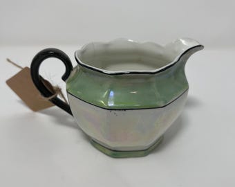 Antique Bavaria Iridescent Creamer | Green Lusterware Pitcher | Scalloped Rim & Black Handle | Early 1900s