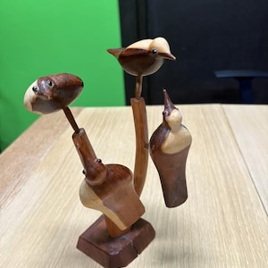 Hand-Carved Mid-Century Modern Wooden Bird Sculpture Set