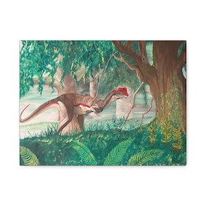 Impression d&#39;art mural dinosaure, décoration d&#39;intérieur en toile mate, Dilophosaurus, cadeau pour les amateurs de dinosaures, décoration de chambre d&#39;enfant, oeuvre d&#39;art sur le thème de la nature